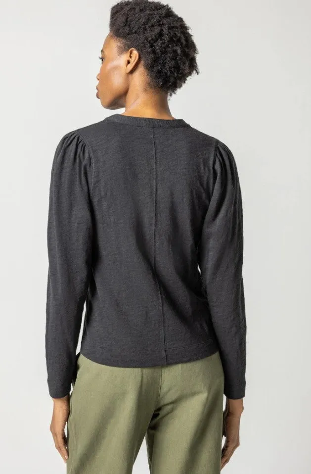 Lilla P Shirred Long Sleeve Split Neck, Black