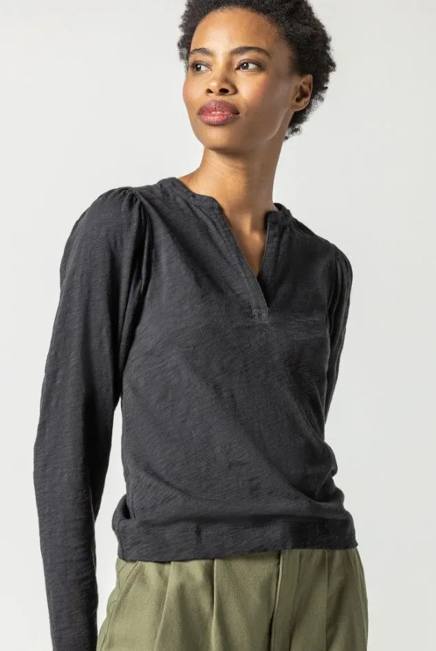 Lilla P Shirred Long Sleeve Split Neck, Black