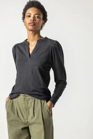 Lilla P Shirred Long Sleeve Split Neck, Black