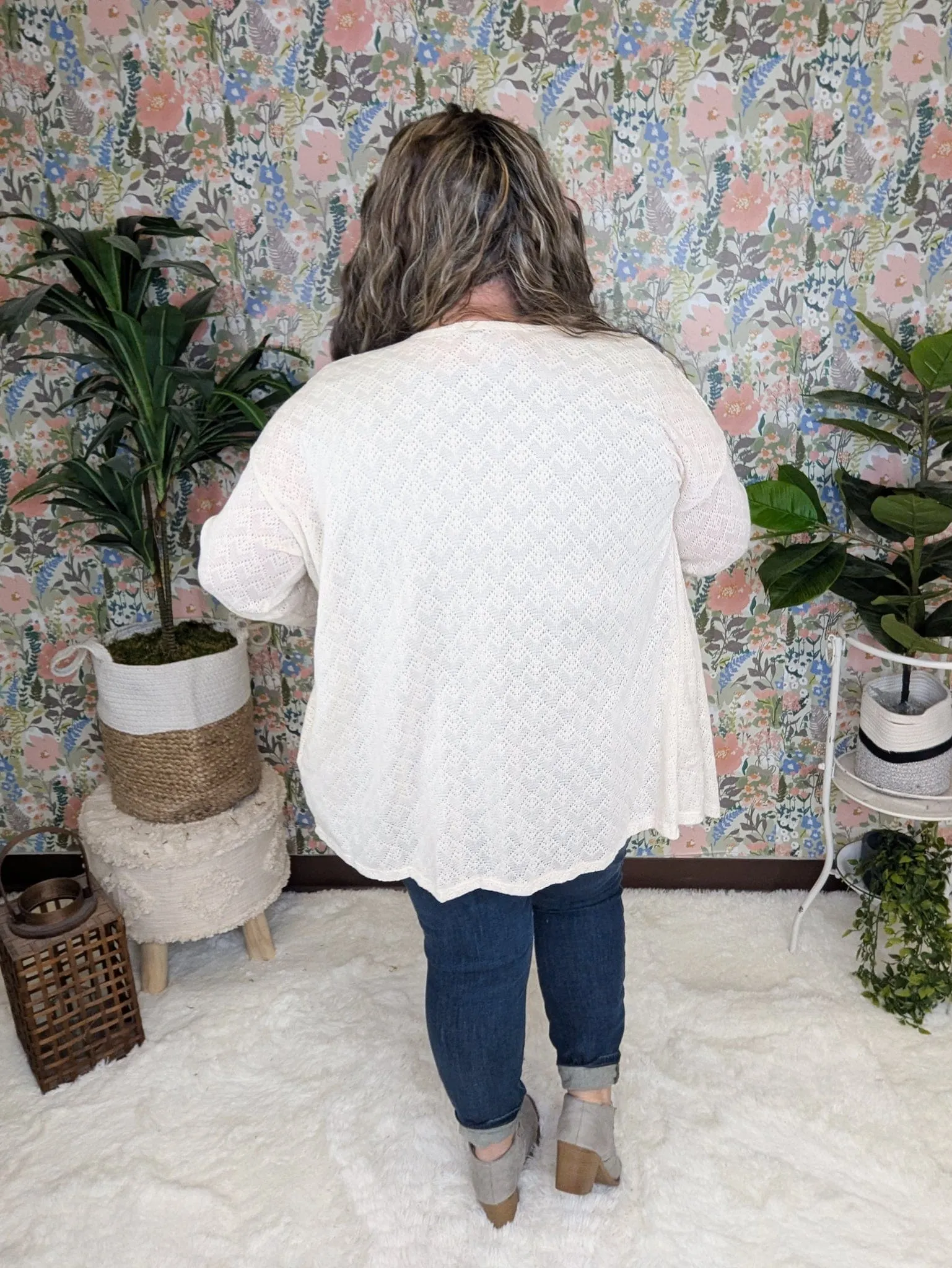 Lisa Diamond Sweater Knit Open Cardigan in Cream Natural