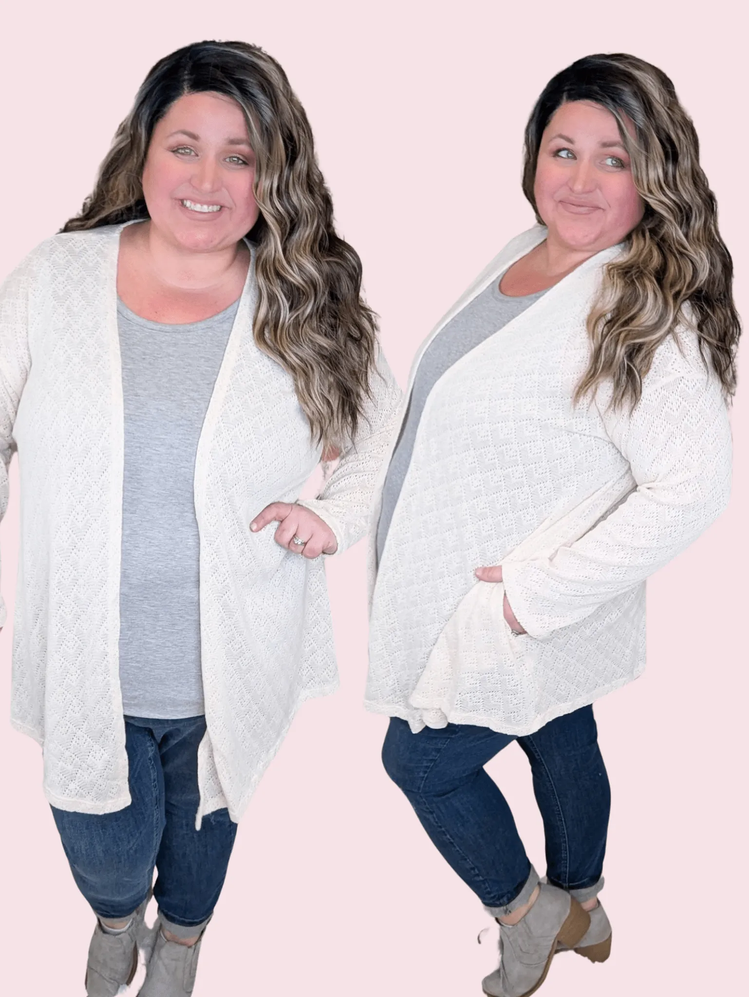 Lisa Diamond Sweater Knit Open Cardigan in Cream Natural