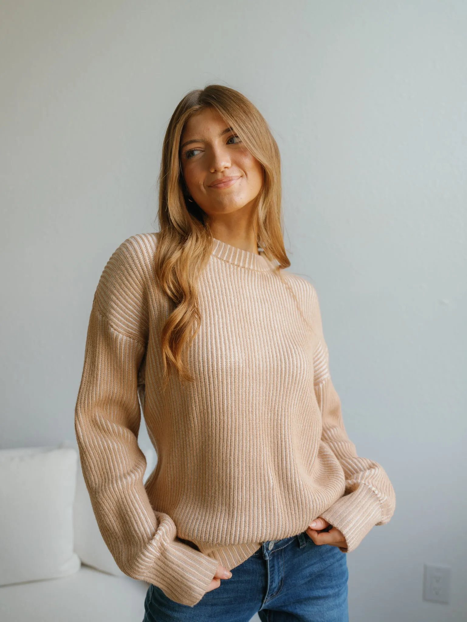 Listen Closely Sweater-Tan/White