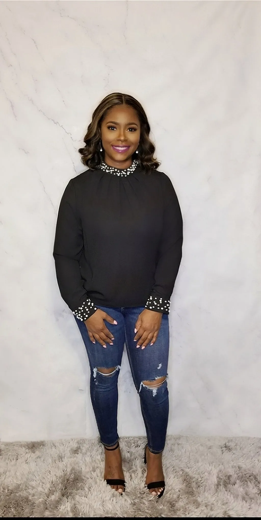 Long Sleeve Pearl Embellished Top