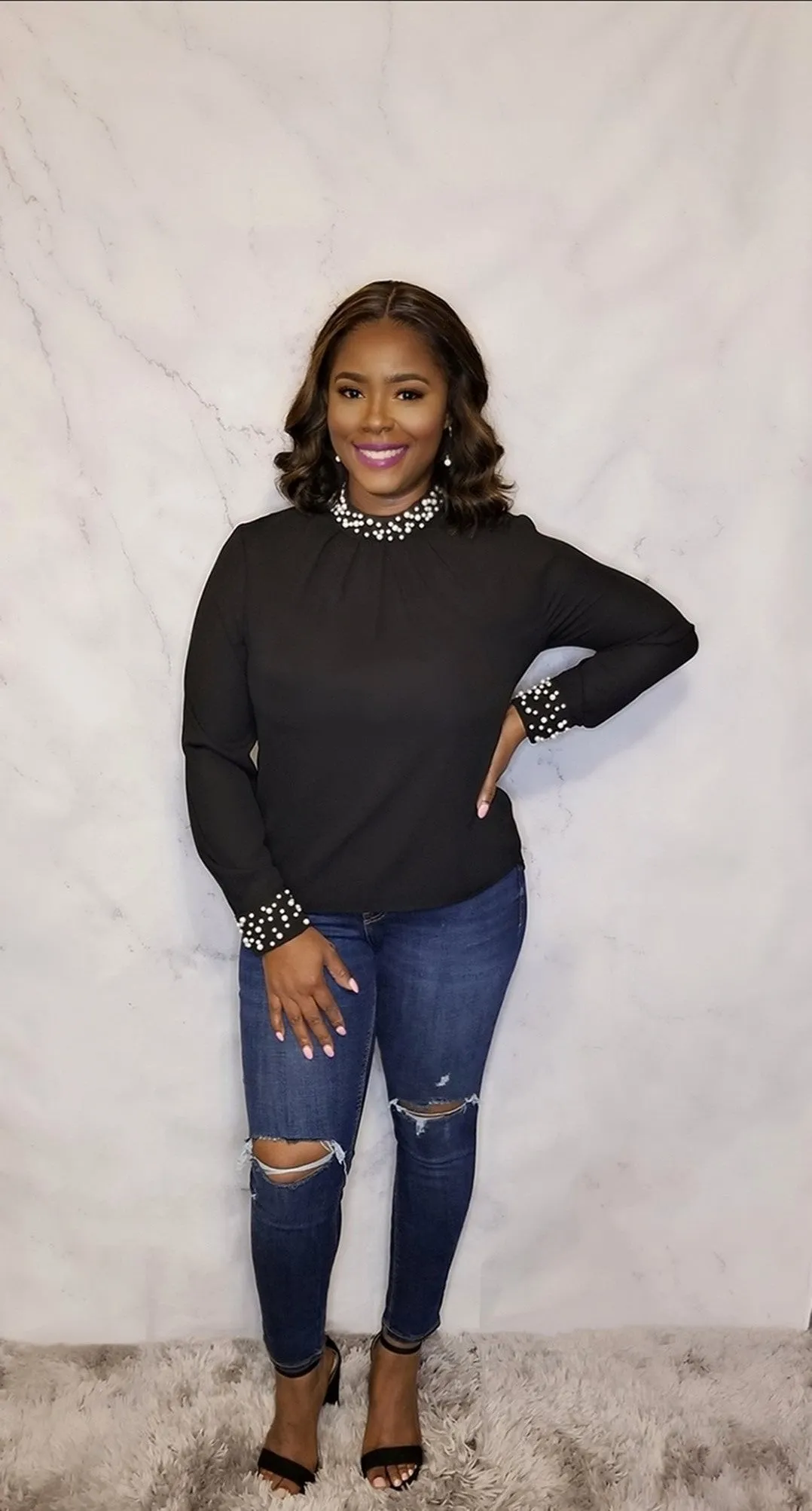 Long Sleeve Pearl Embellished Top