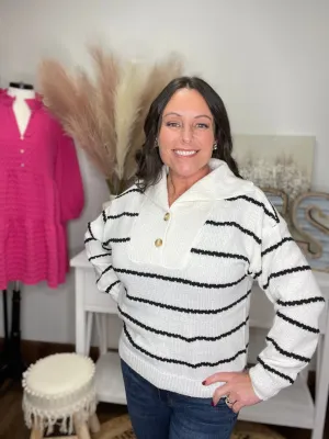 Long sleeve white sweater black striped collared neck