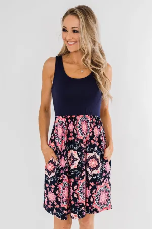 Looking For Fun Printed Dress- Navy