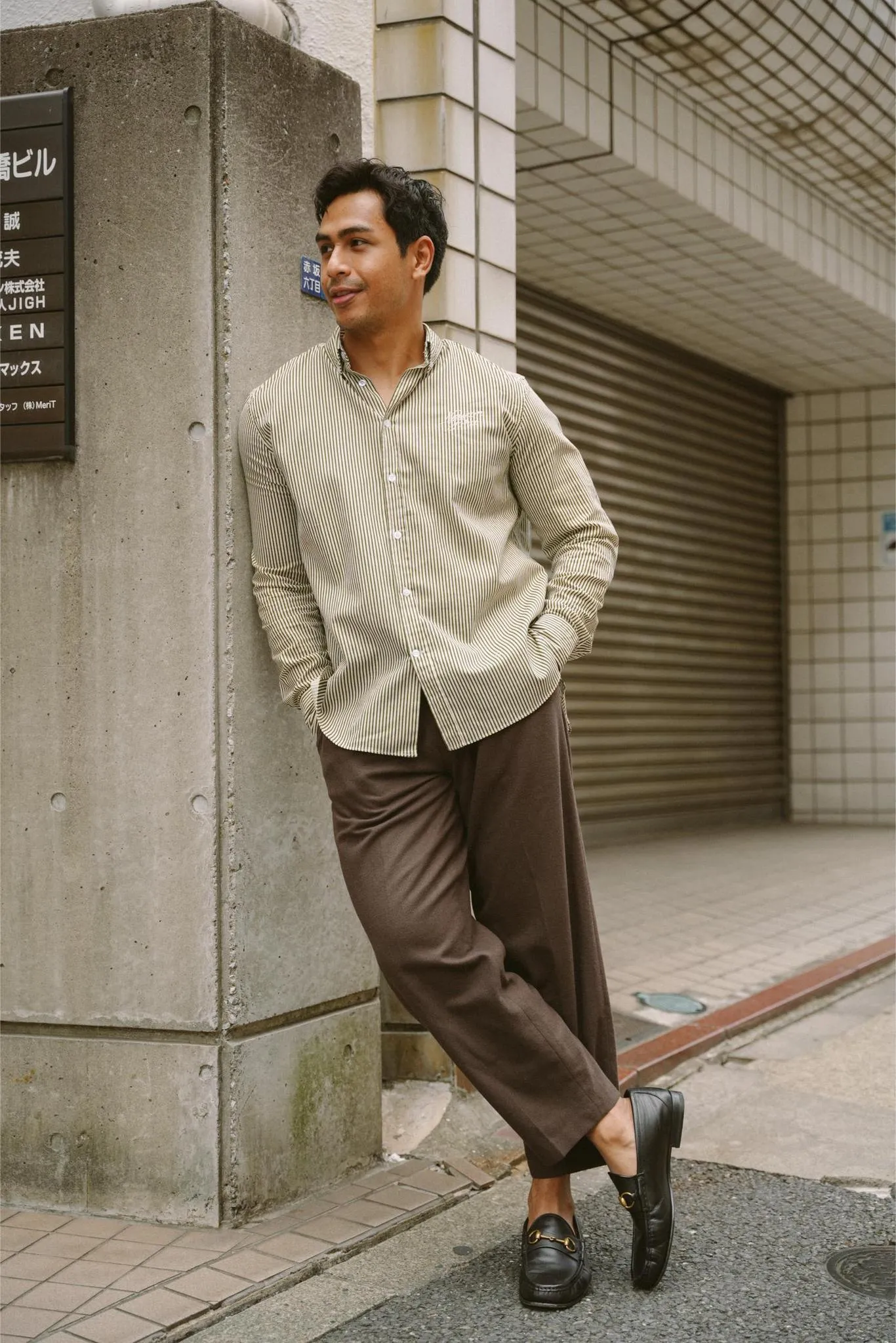 MAISON TOHA: CLASSIC SHIRT IN GREEN STRIPES
