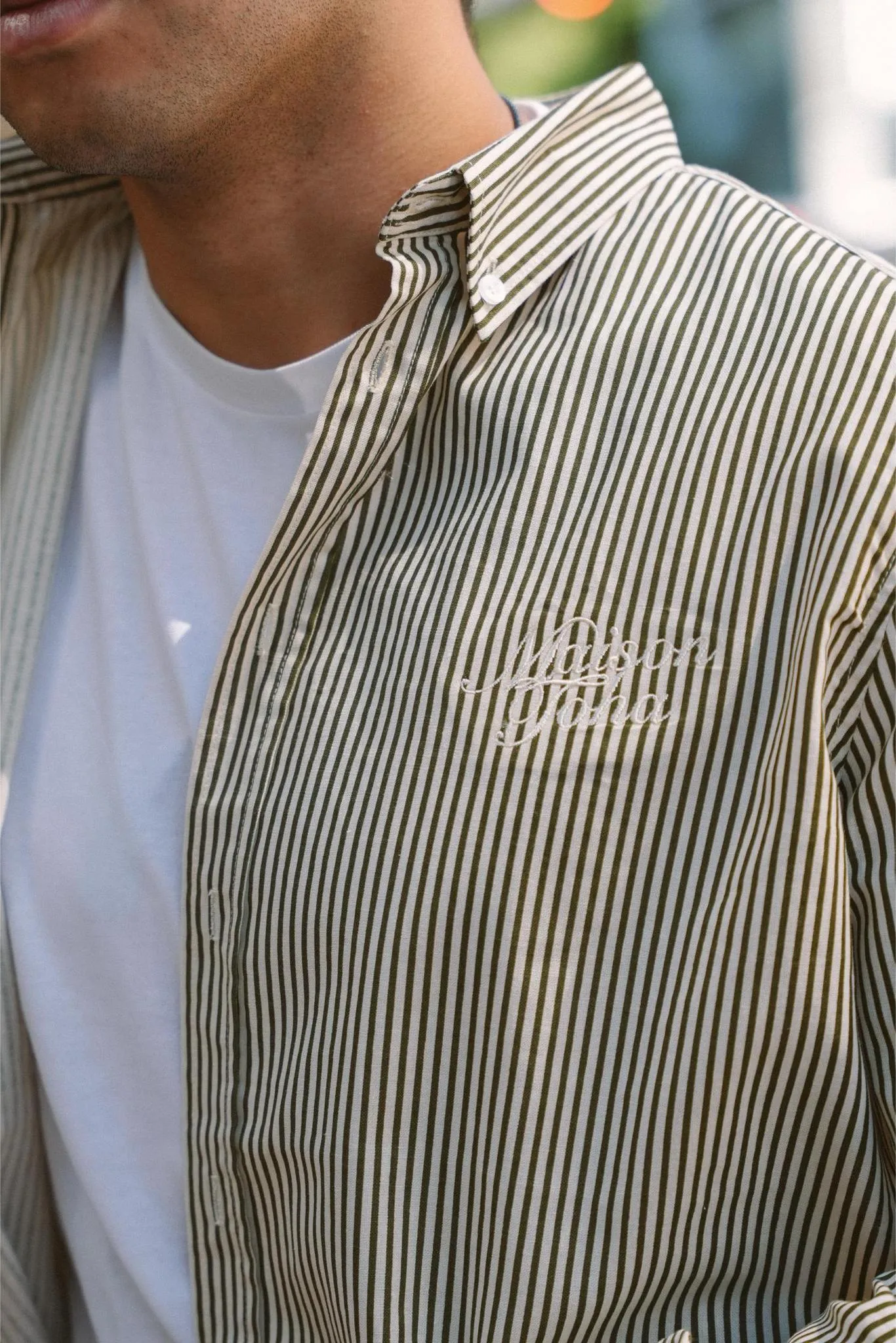 MAISON TOHA: CLASSIC SHIRT IN GREEN STRIPES