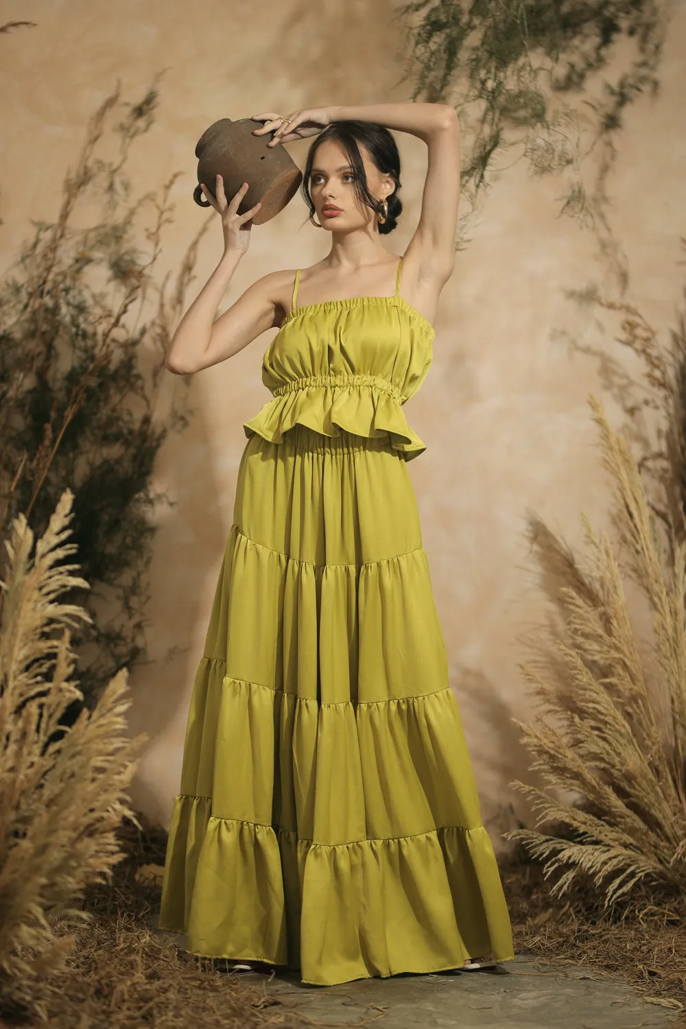 MALLORCA Strappy Gartered Top with Four-Layer Maxi Skirt (Lime Green Italian Silk)