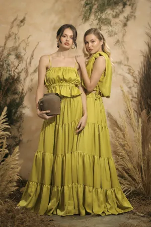 MALLORCA Strappy Gartered Top with Four-Layer Maxi Skirt (Lime Green Italian Silk)