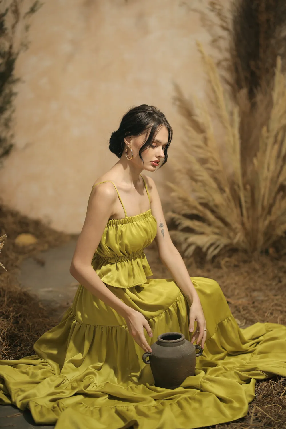 MALLORCA Strappy Gartered Top with Four-Layer Maxi Skirt (Lime Green Italian Silk)