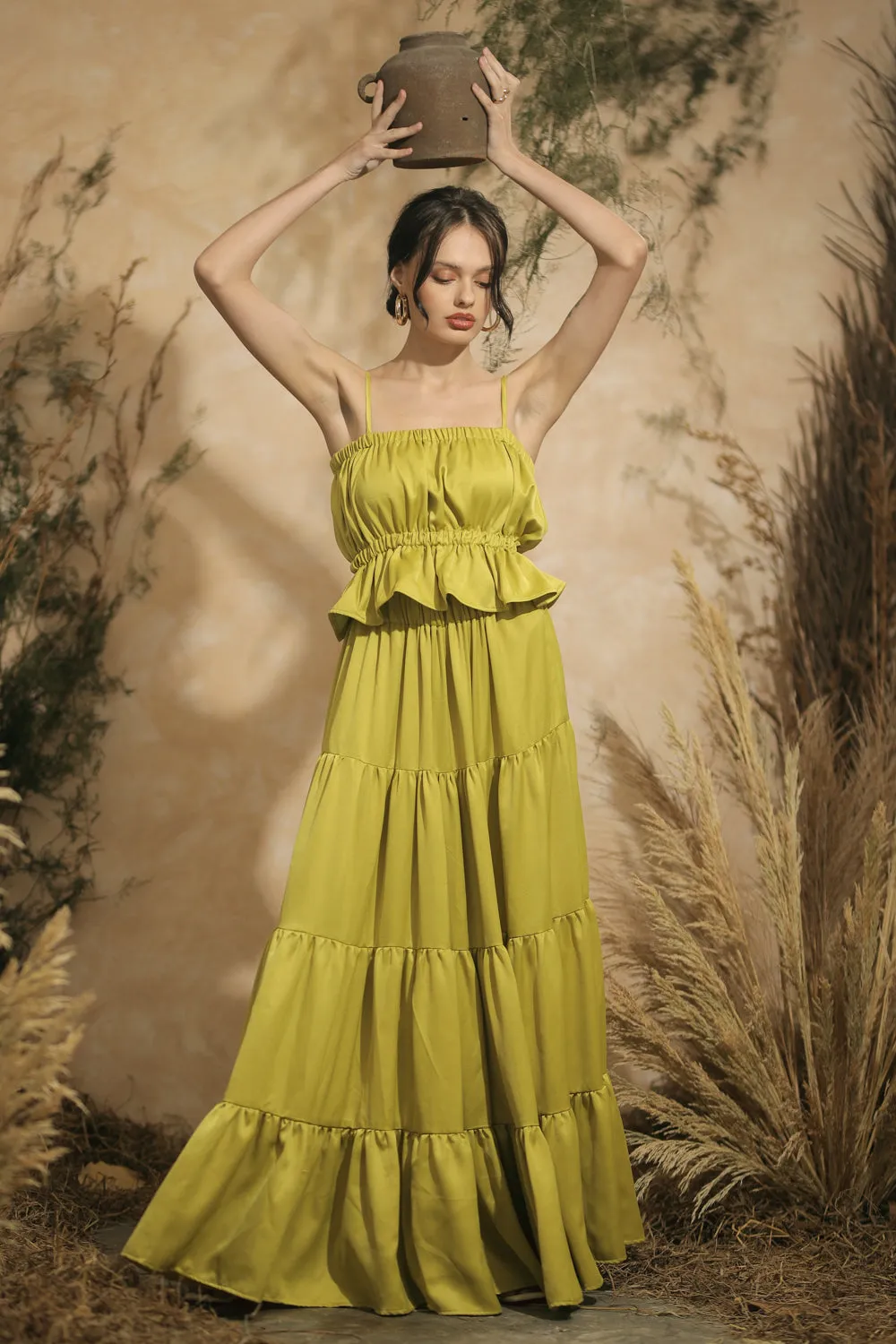 MALLORCA Strappy Gartered Top with Four-Layer Maxi Skirt (Lime Green Italian Silk)