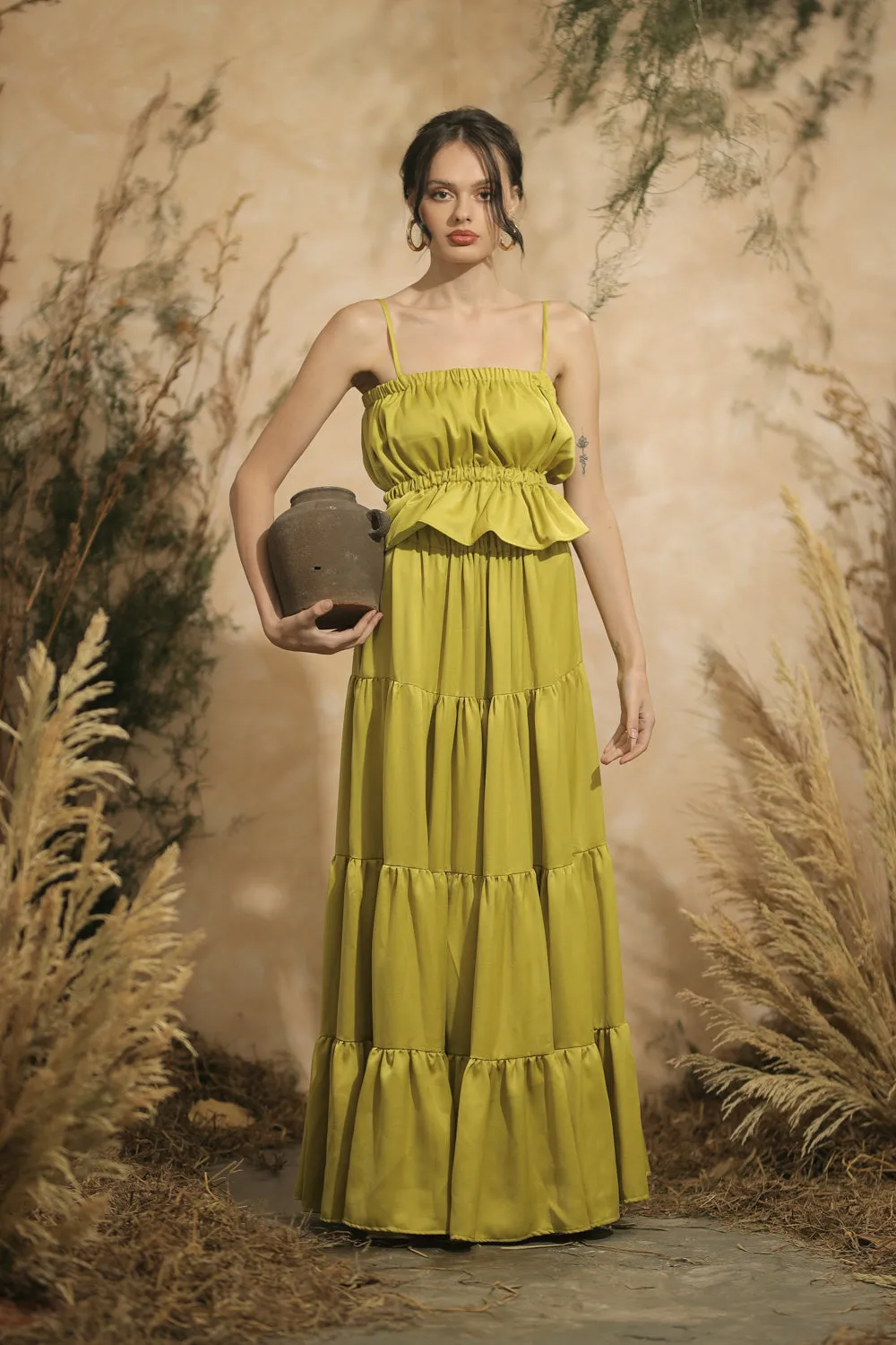 MALLORCA Strappy Gartered Top with Four-Layer Maxi Skirt (Lime Green Italian Silk)