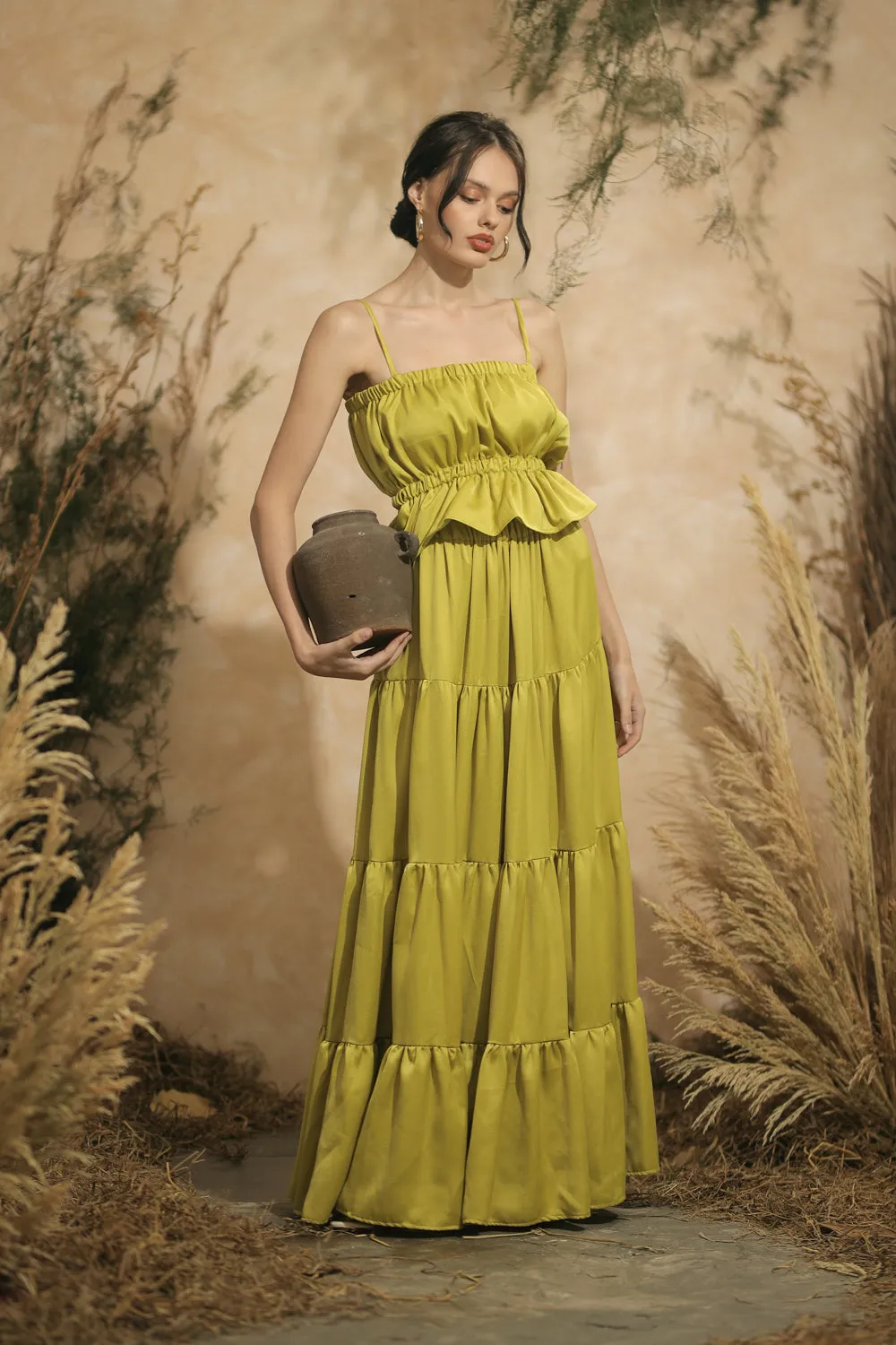 MALLORCA Strappy Gartered Top with Four-Layer Maxi Skirt (Lime Green Italian Silk)
