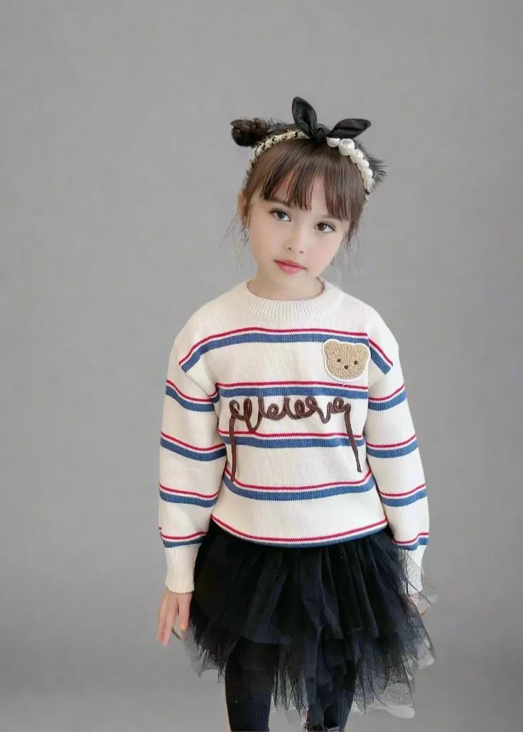 Matching Mommy and Me Bear Striped Knit Sweaters  Cozy Family Outfit with Embroidered Bear Design