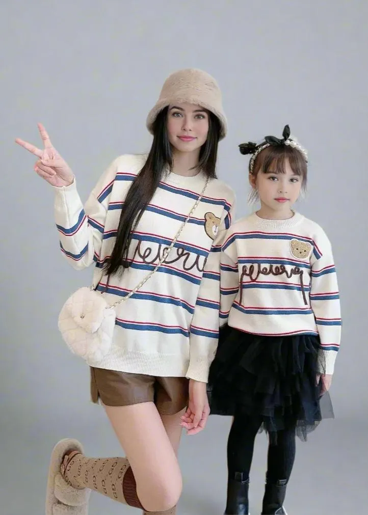 Matching Mommy and Me Bear Striped Knit Sweaters  Cozy Family Outfit with Embroidered Bear Design