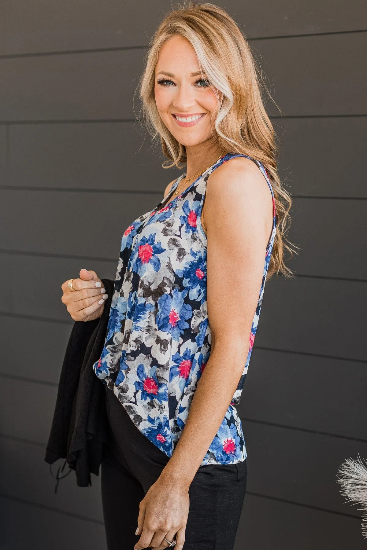 Meant To Be Together Floral Tank Top- Black & Royal Blue