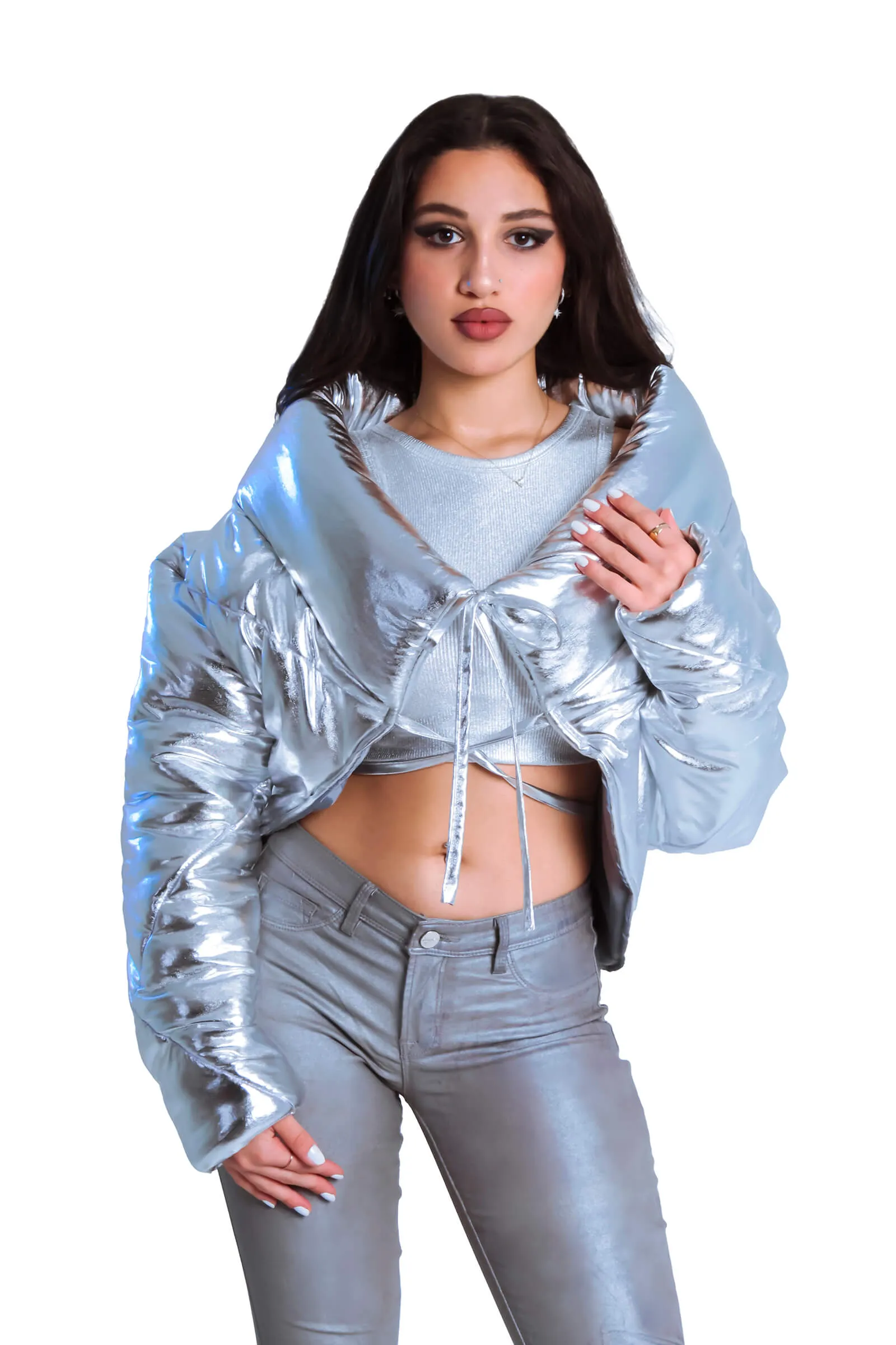 Metallic Drawstring Puffer Jacket