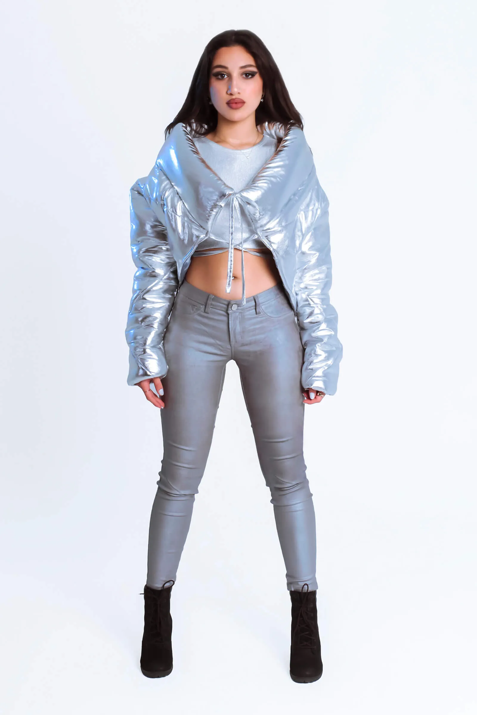 Metallic Drawstring Puffer Jacket