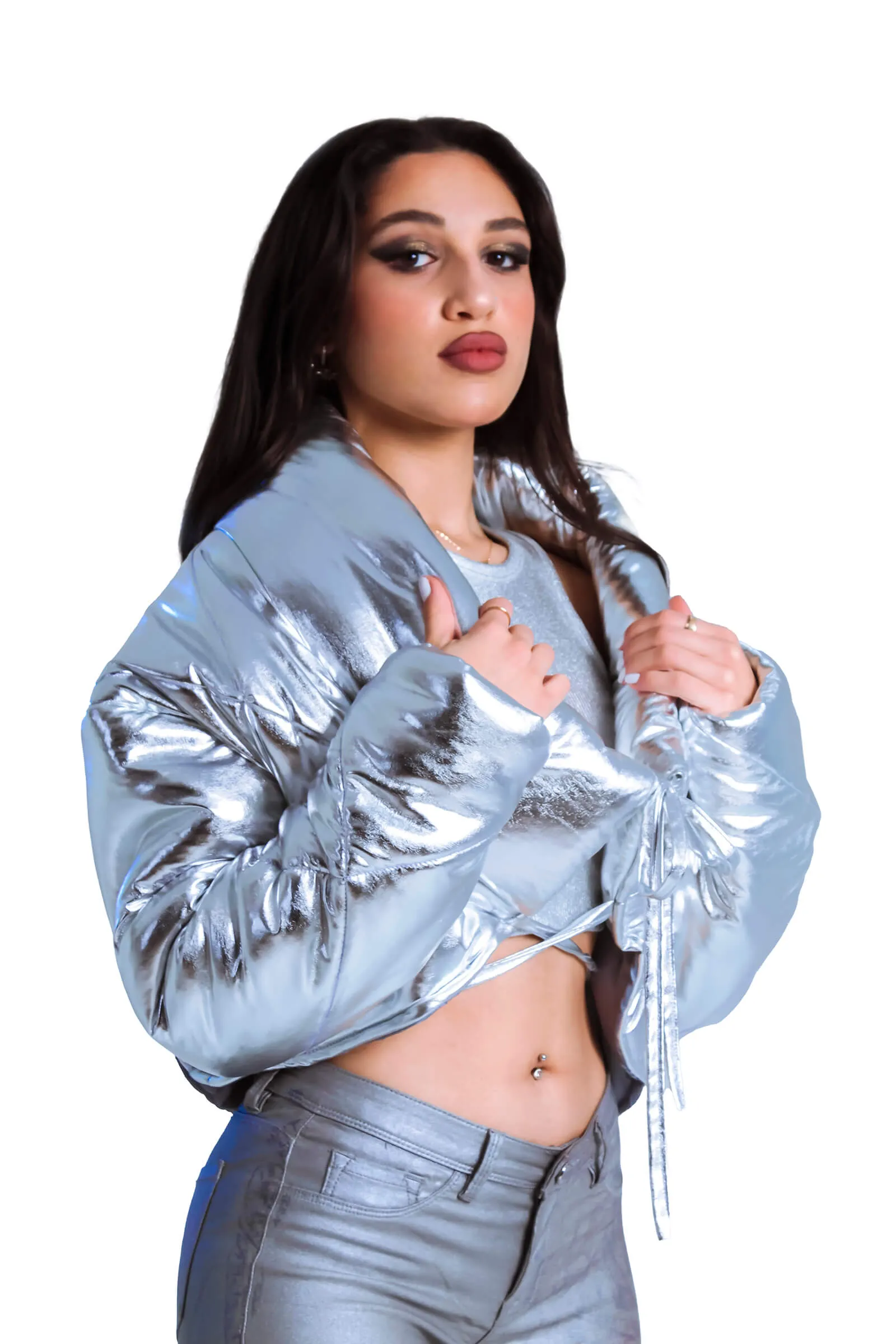 Metallic Drawstring Puffer Jacket