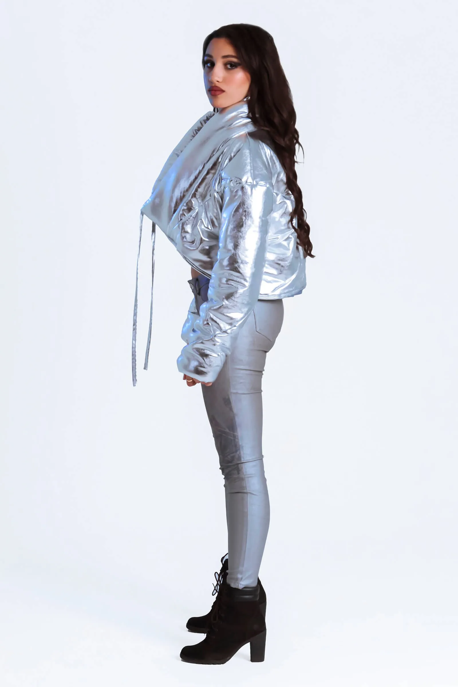 Metallic Drawstring Puffer Jacket