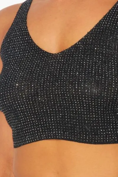 Metallic Rhinestone Sleeveless Crop Top - Black -