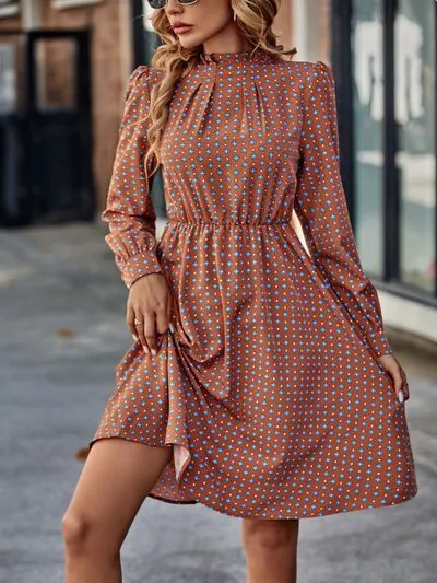 Mia Printed Ruched Mock Neck Long Sleeve Dress