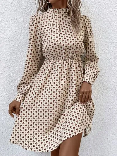 Mia Printed Ruched Mock Neck Long Sleeve Dress