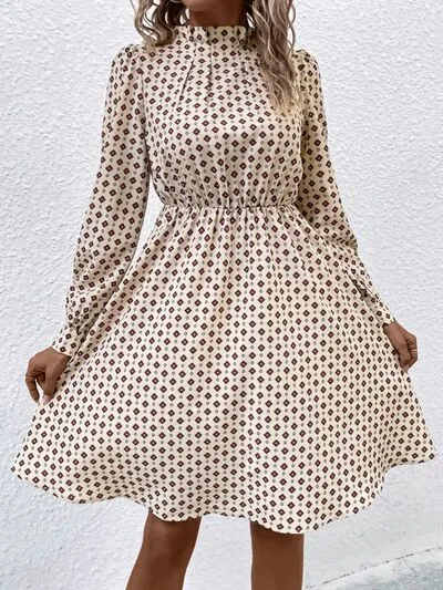 Mia Printed Ruched Mock Neck Long Sleeve Dress