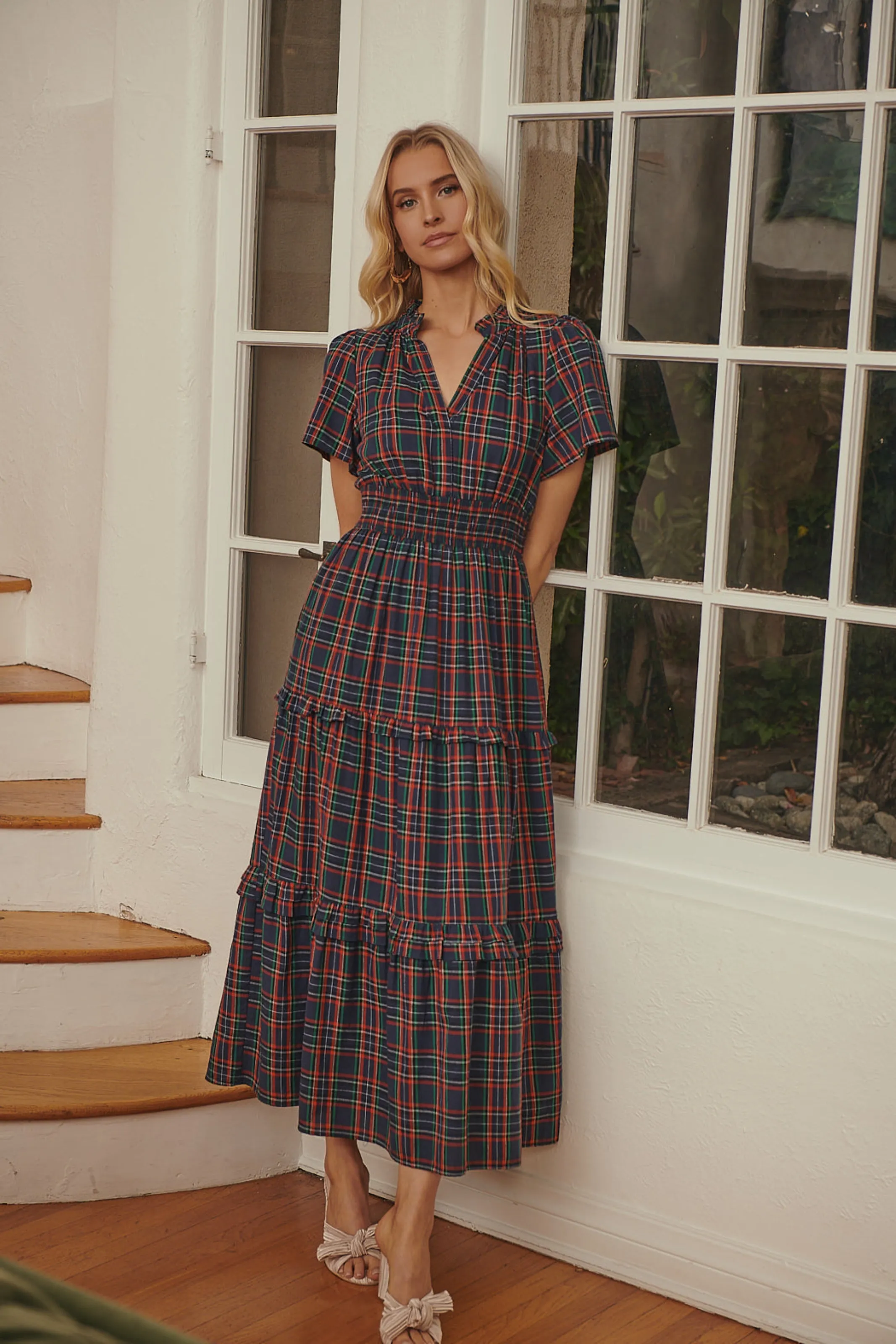 Miley Plaid Palmer Poplin Tiered Maxi Dress - Navy-Multi