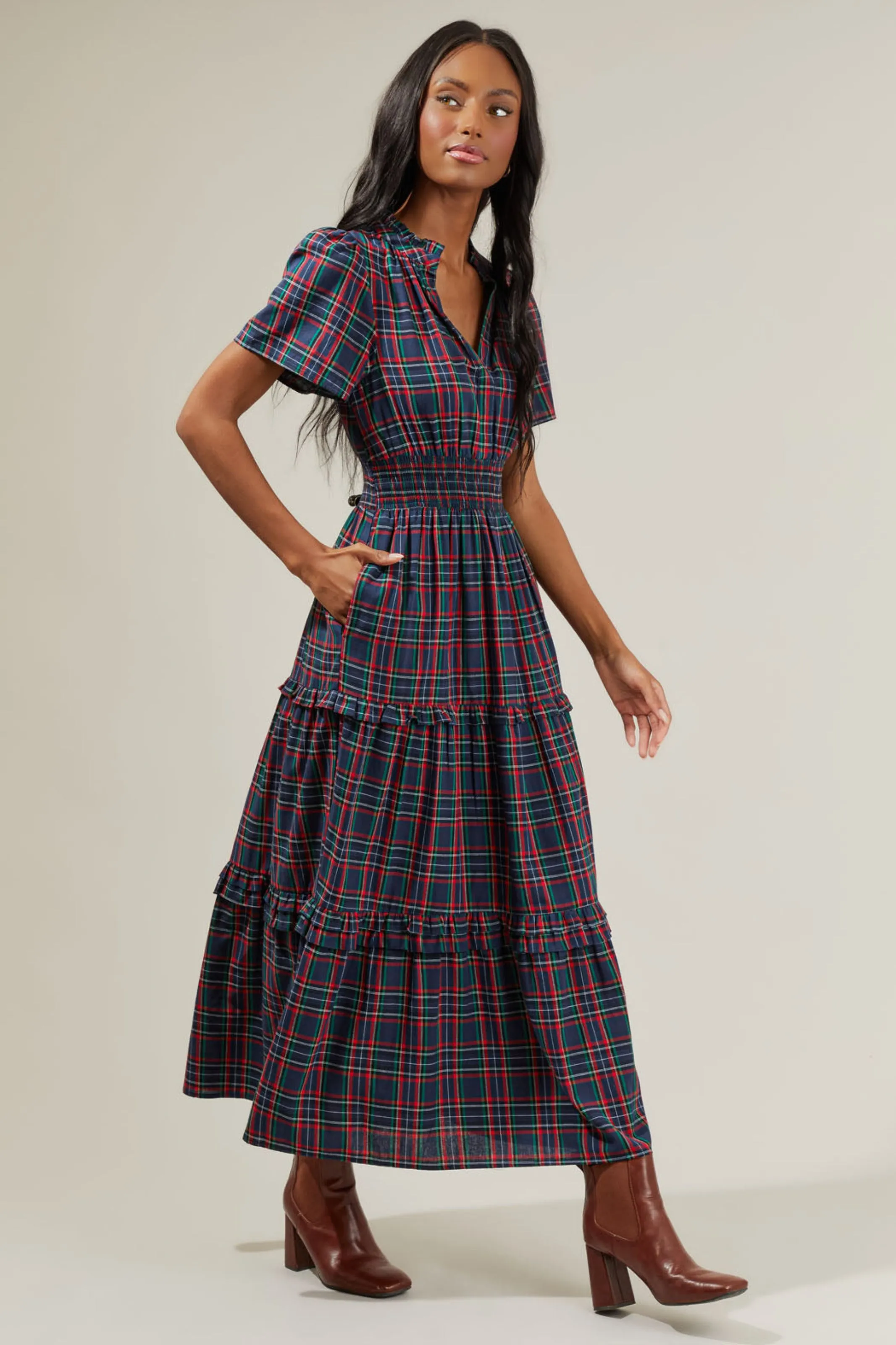Miley Plaid Palmer Poplin Tiered Maxi Dress - Navy-Multi