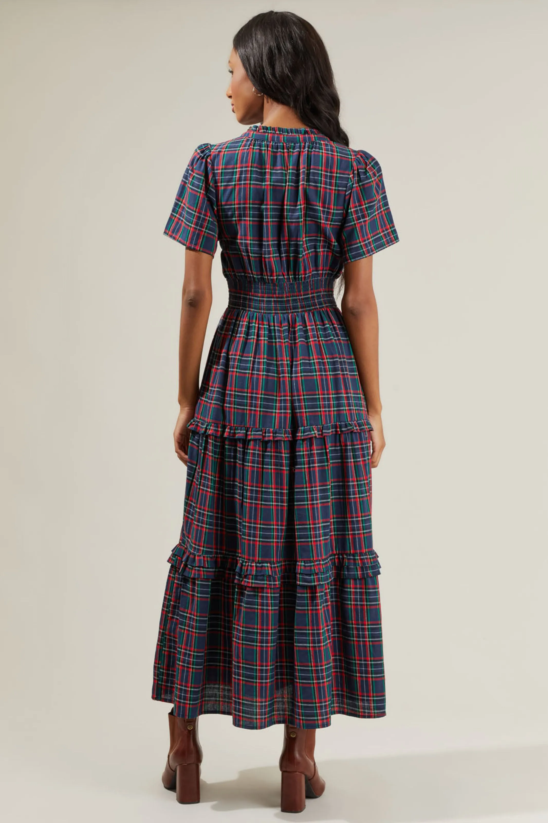 Miley Plaid Palmer Poplin Tiered Maxi Dress - Navy-Multi