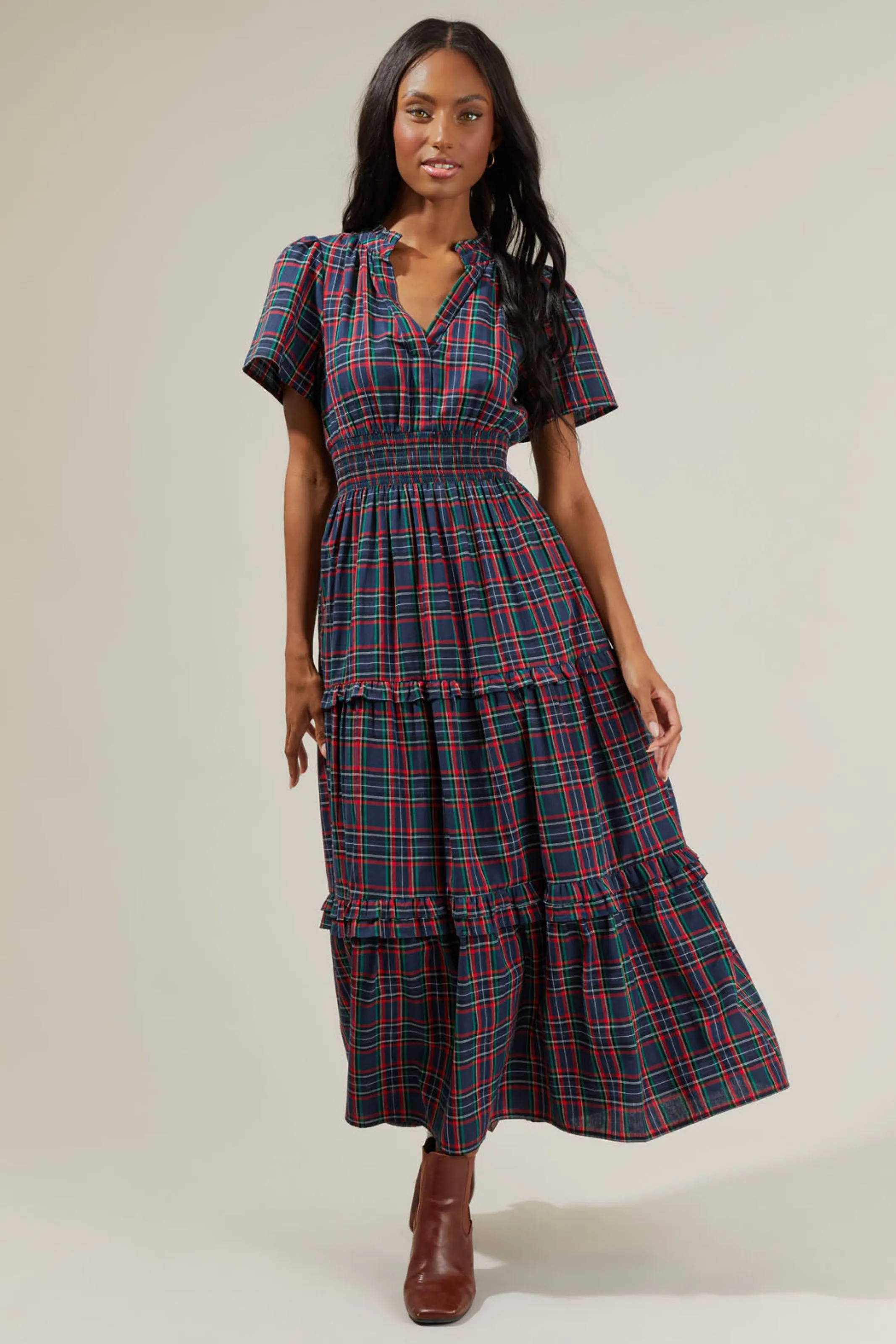 Miley Plaid Palmer Poplin Tiered Maxi Dress - Navy-Multi