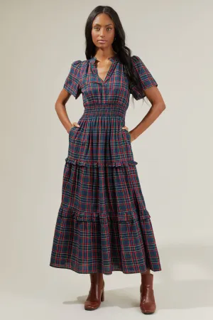 Miley Plaid Palmer Poplin Tiered Maxi Dress - Navy-Multi