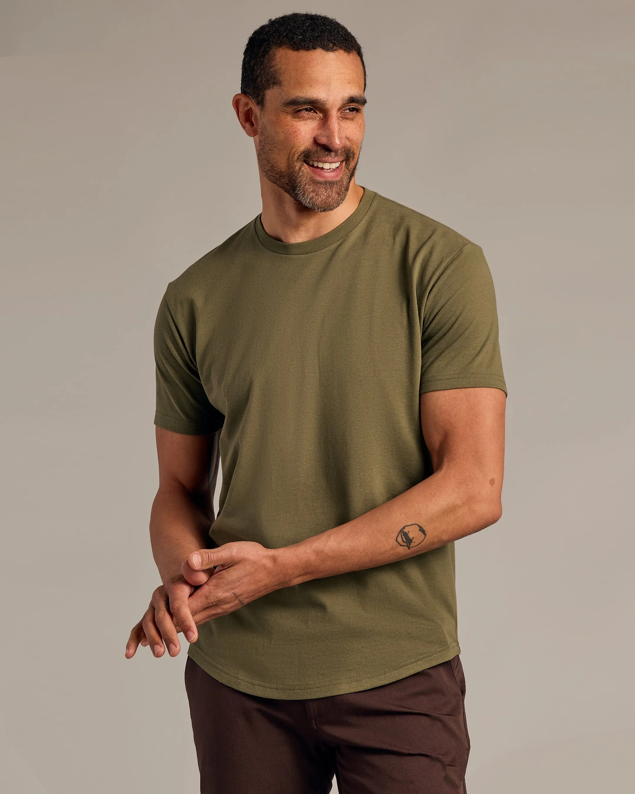 Military Green Short Sleeve Curved Hem Crew