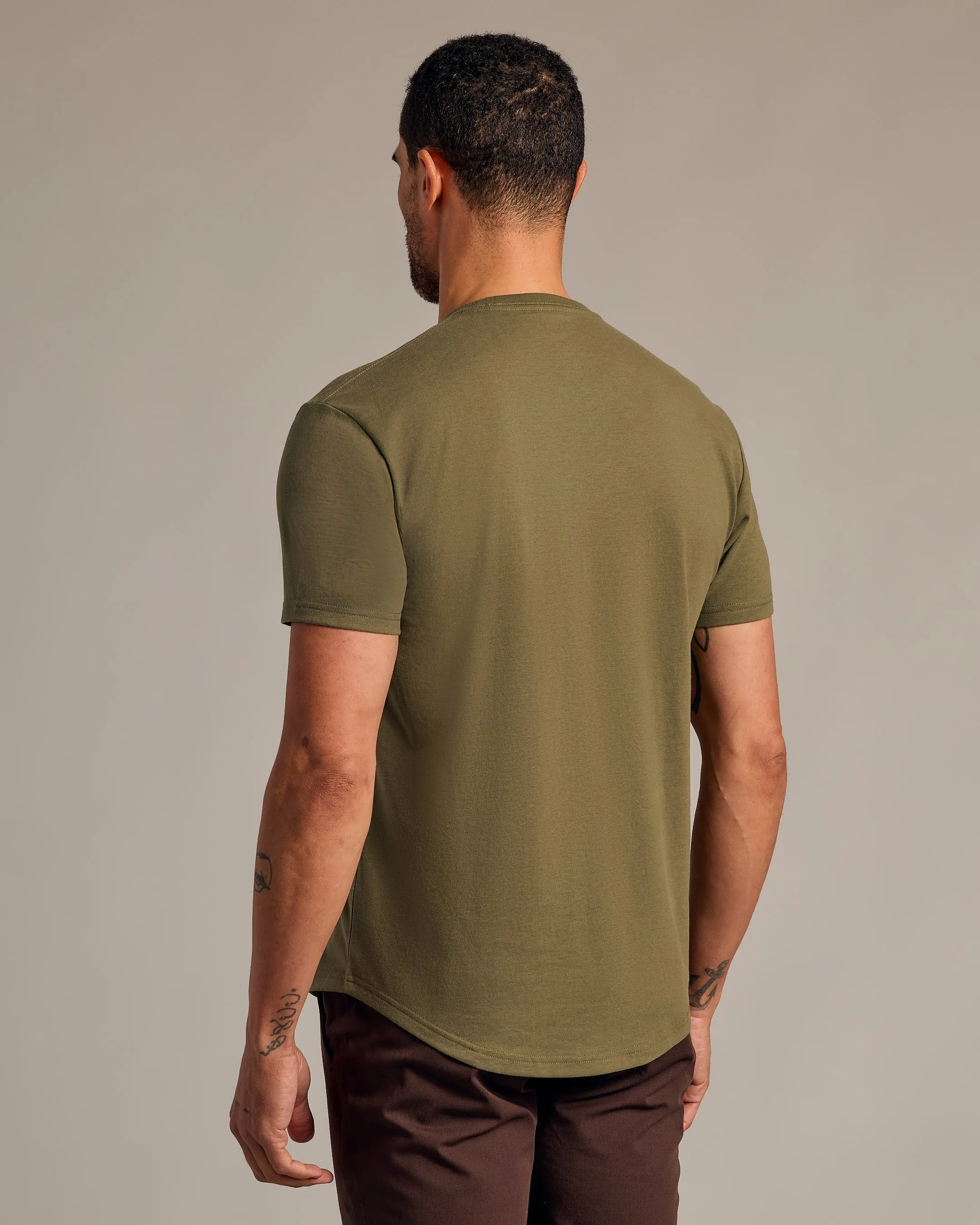 Military Green Short Sleeve Curved Hem Crew