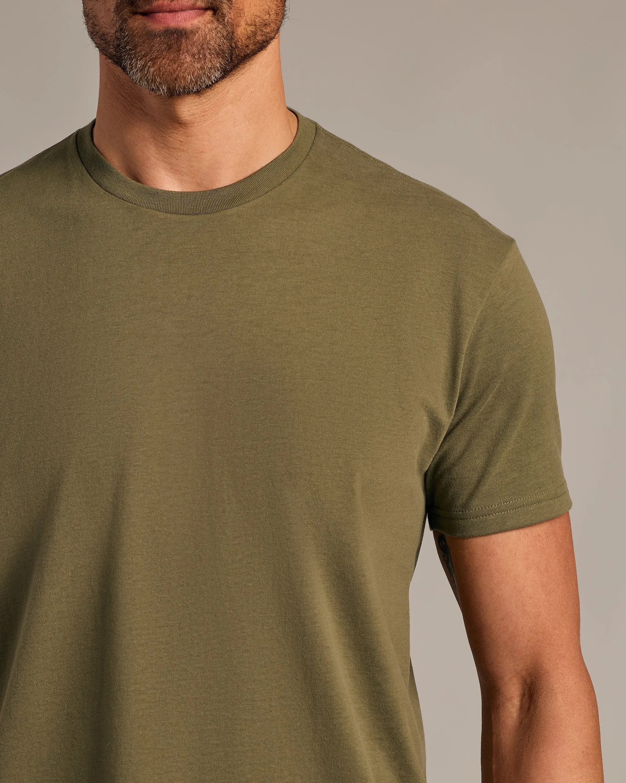 Military Green Short Sleeve Curved Hem Crew
