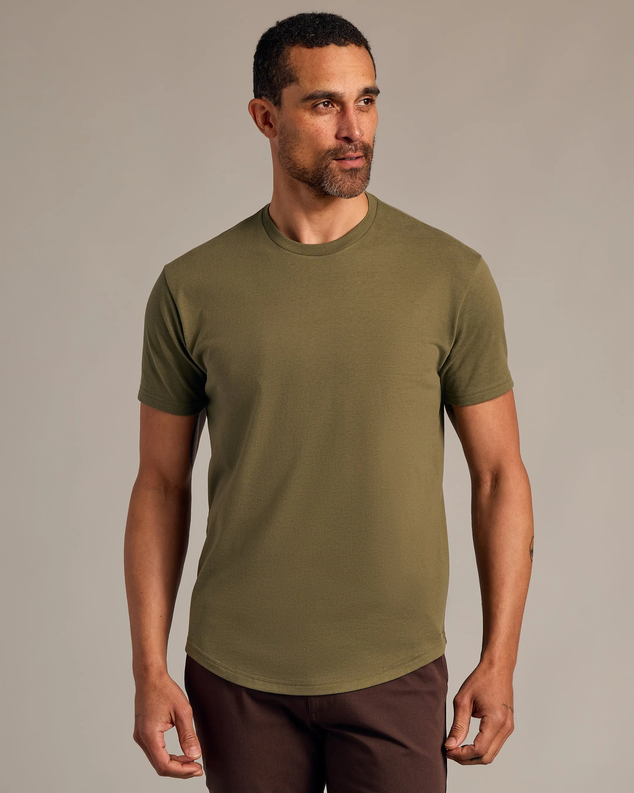 Military Green Short Sleeve Curved Hem Crew