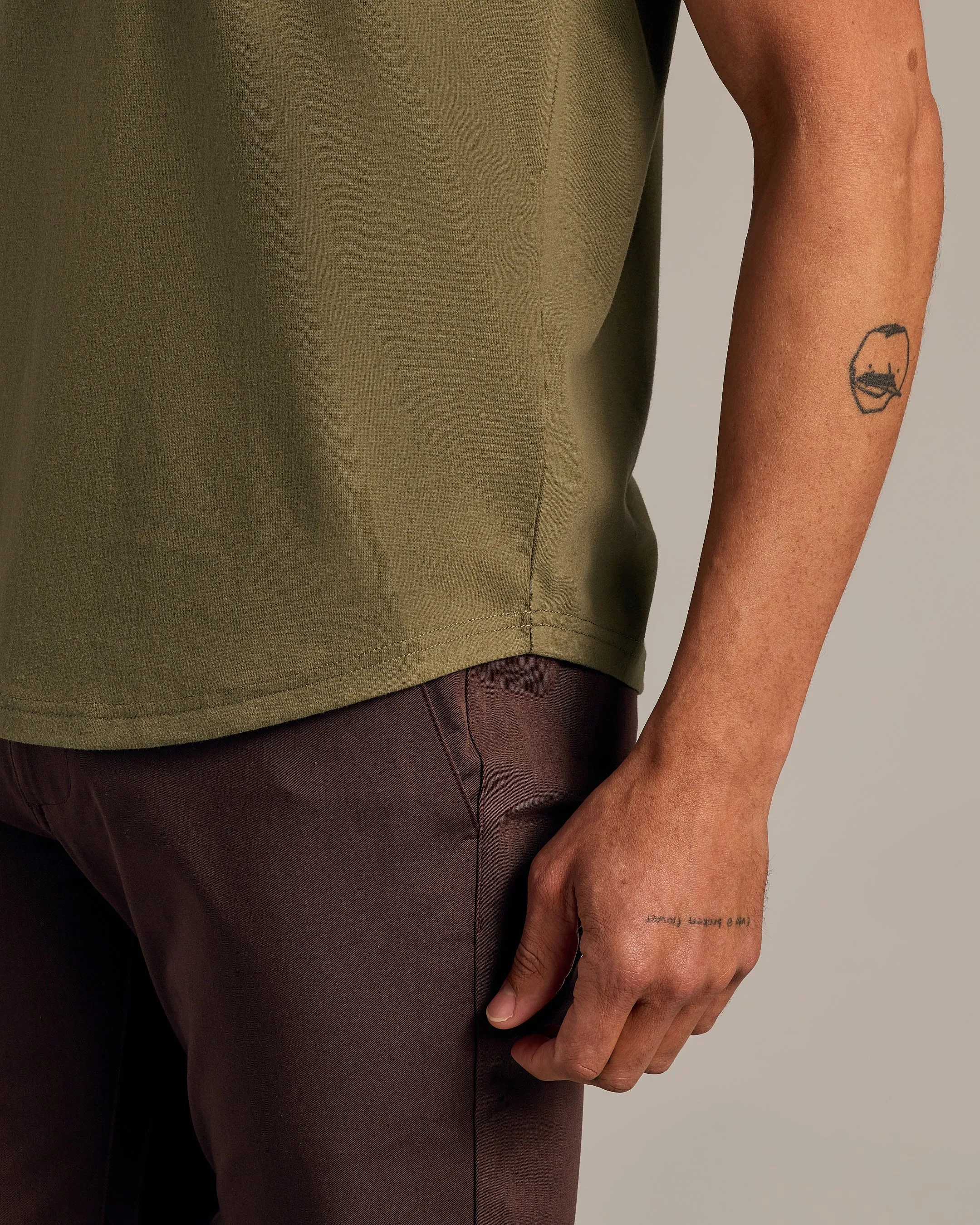 Military Green Short Sleeve Curved Hem Crew