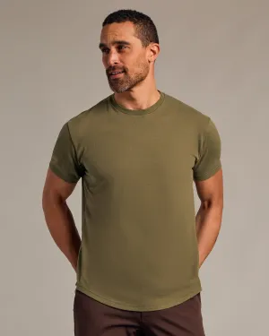 Military Green Short Sleeve Curved Hem Crew