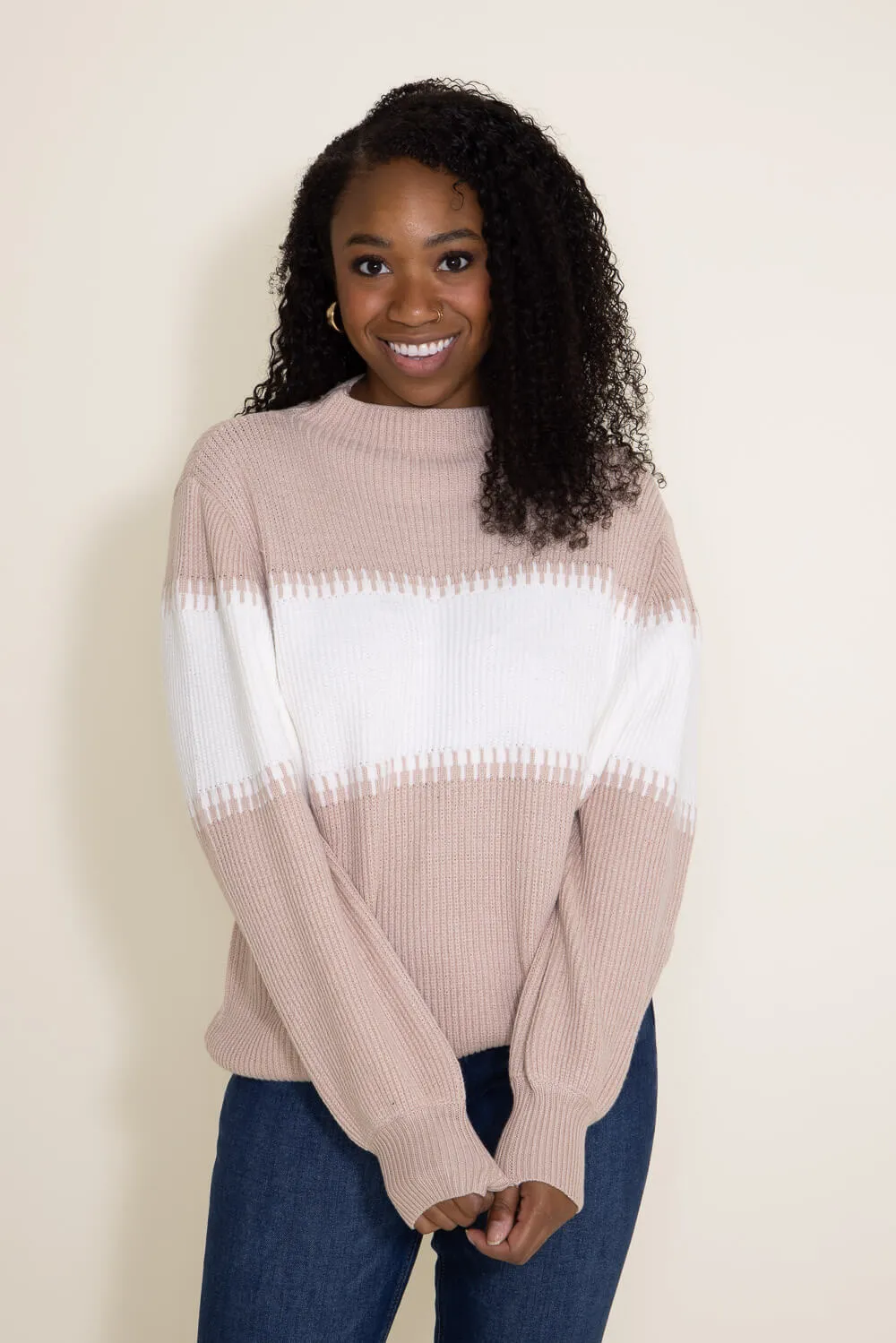 Miracle Stripe Mock Neck Sweater for Women in Beige/White | M8185-BEIGEWHITE