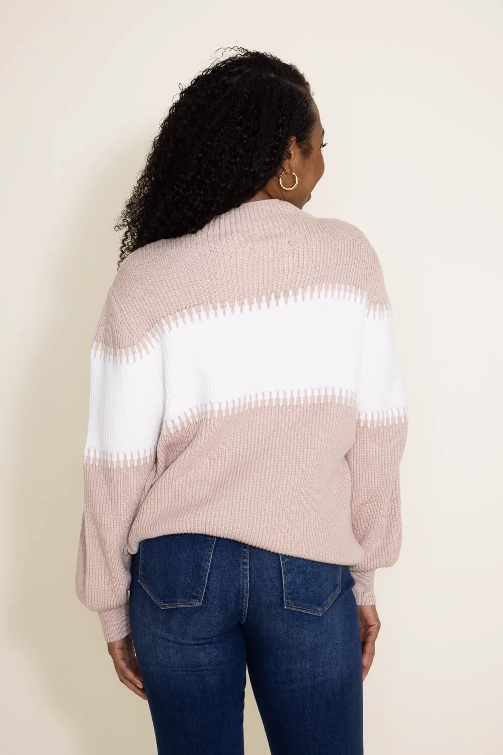 Miracle Stripe Mock Neck Sweater for Women in Beige/White | M8185-BEIGEWHITE