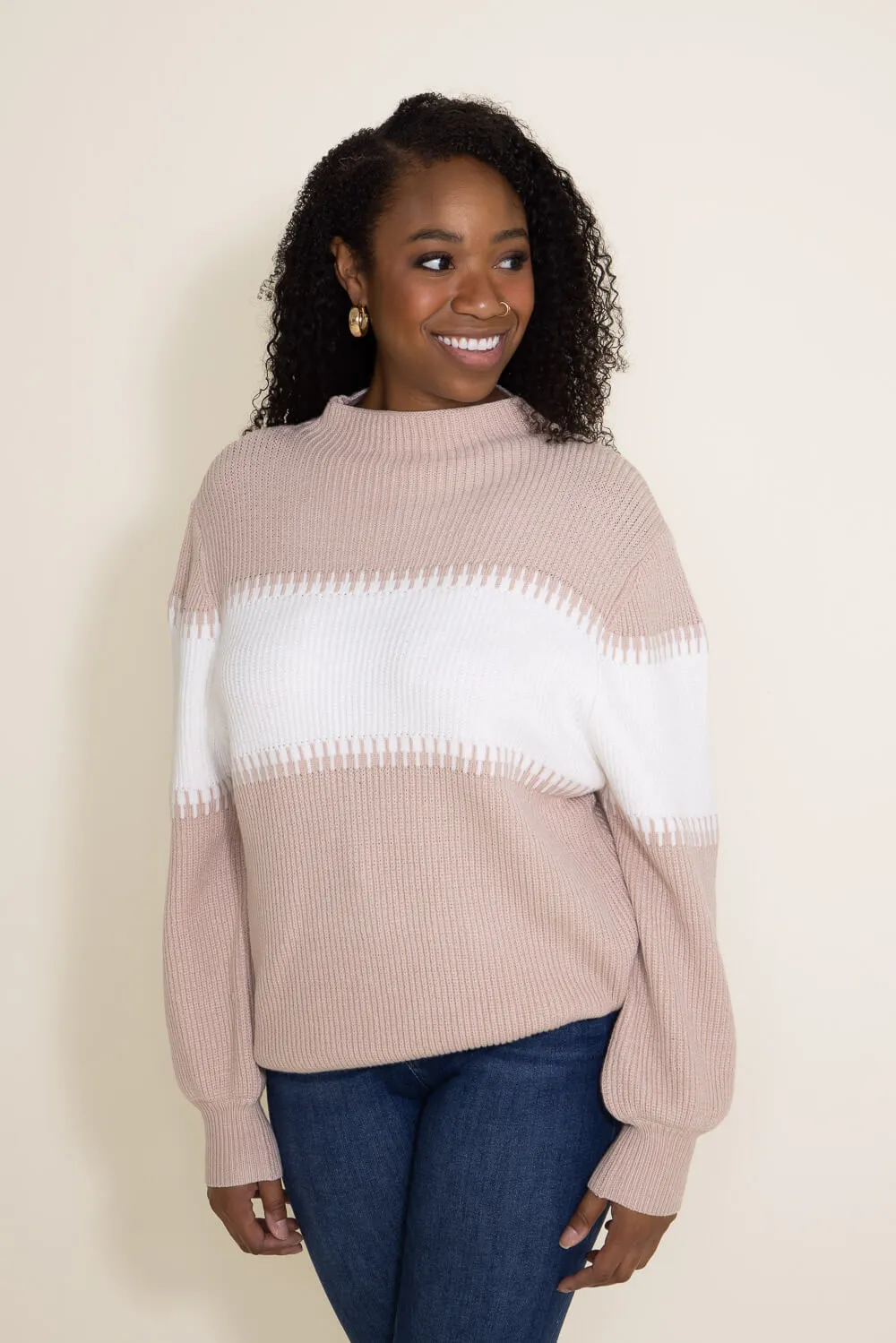 Miracle Stripe Mock Neck Sweater for Women in Beige/White | M8185-BEIGEWHITE