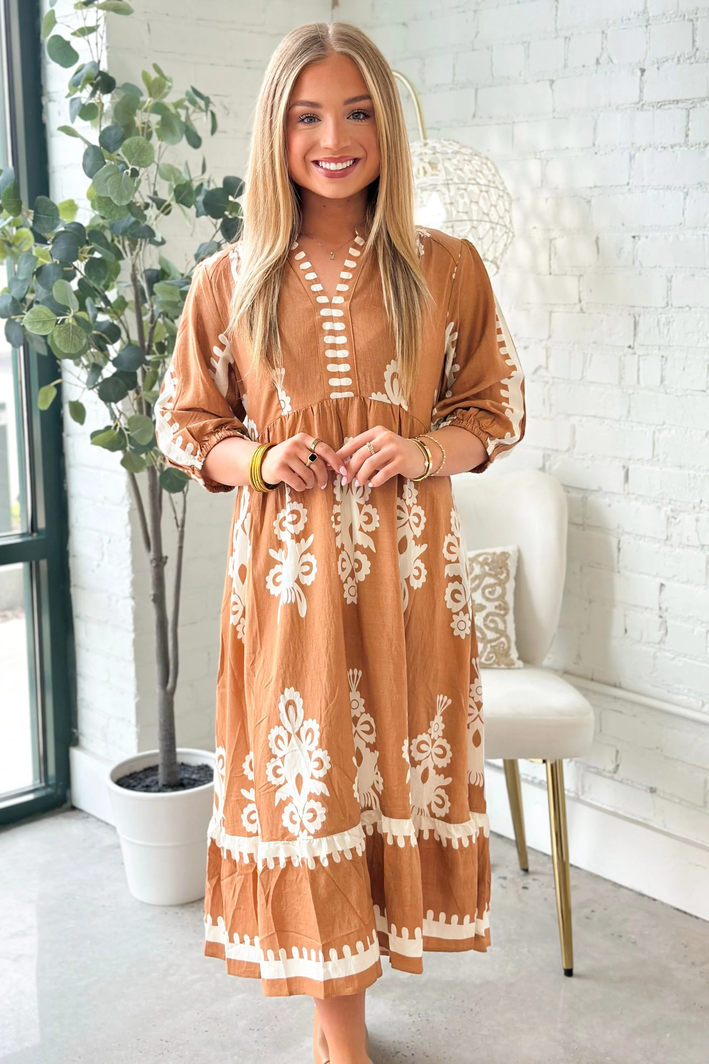 Mocha V-Neck Print Maxi Dress