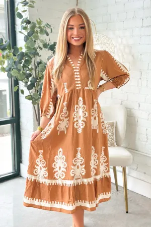 Mocha V-Neck Print Maxi Dress
