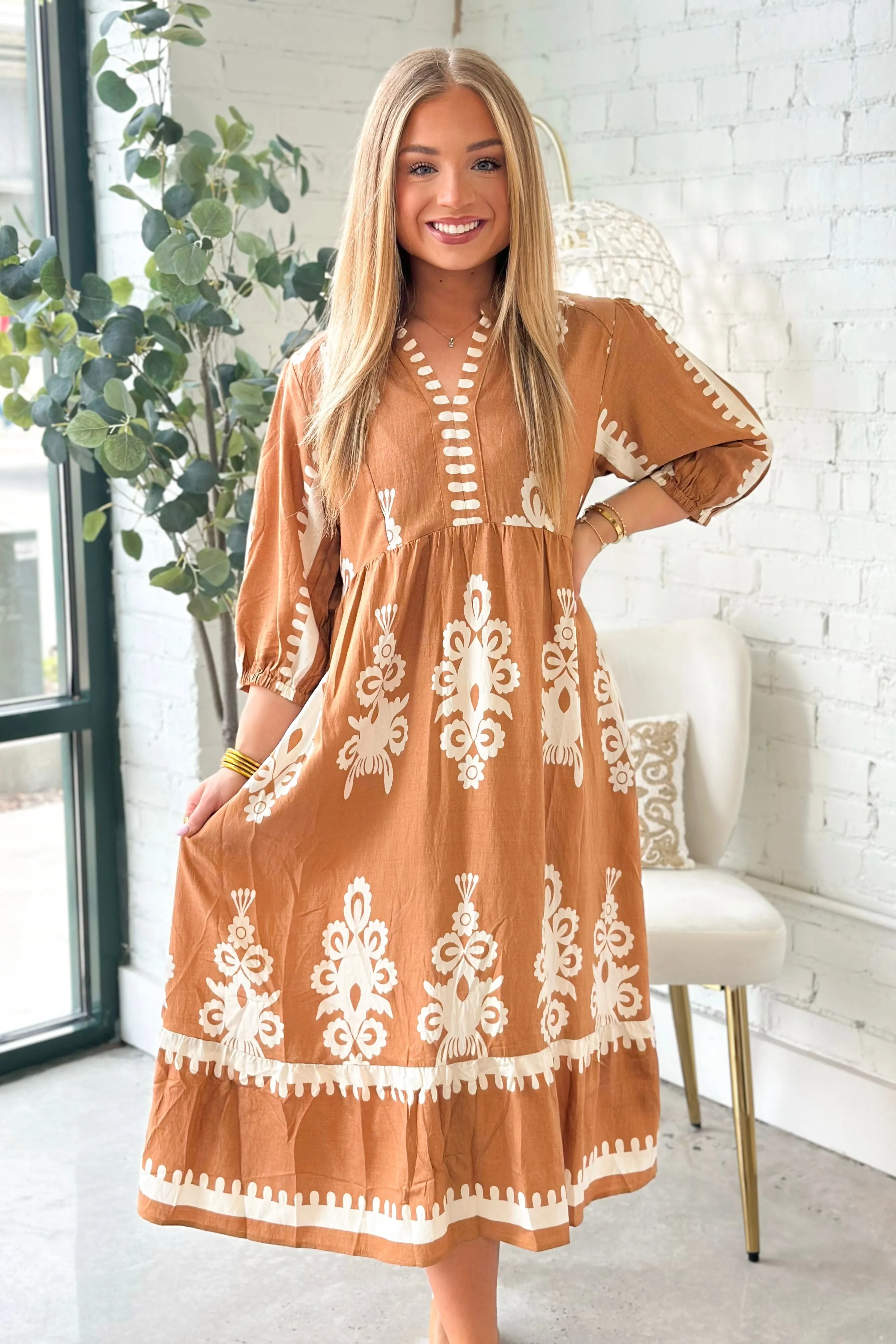 Mocha V-Neck Print Maxi Dress