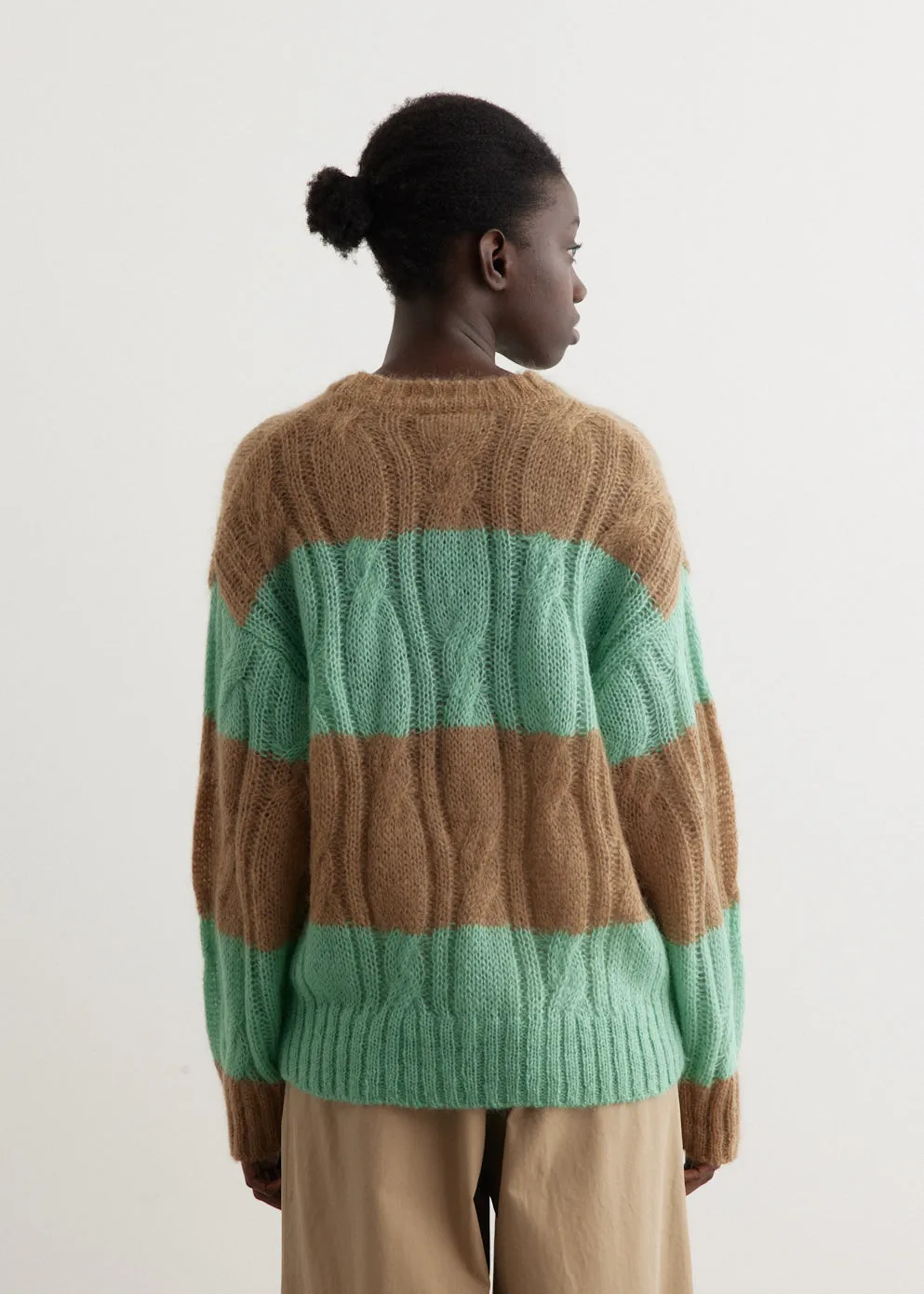 Mohair Striped Cable O-Neck Sweater