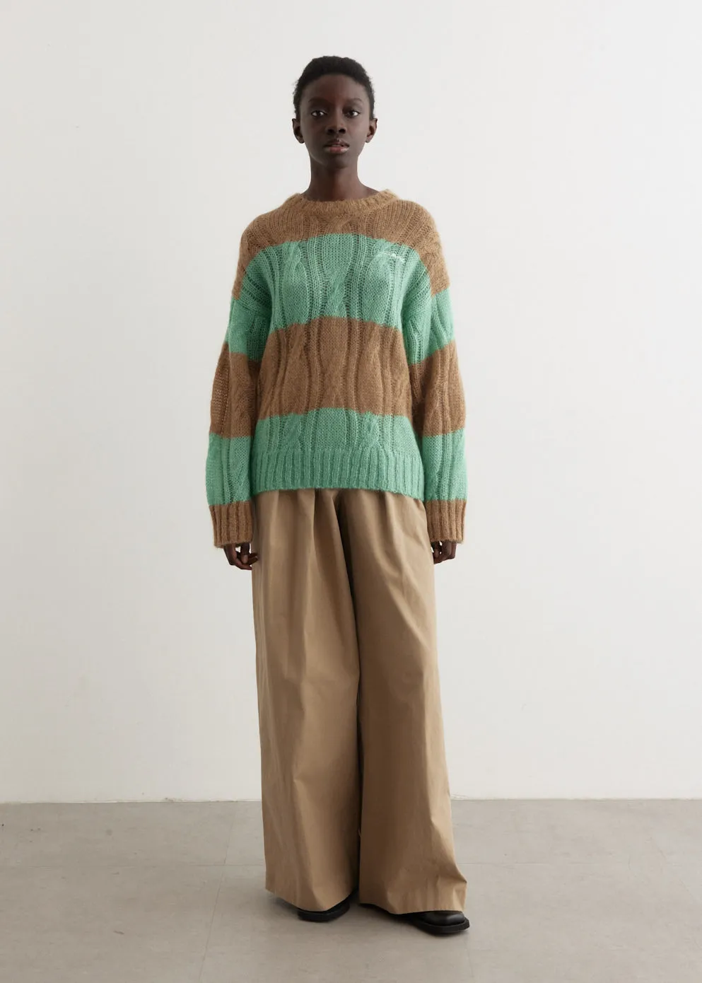 Mohair Striped Cable O-Neck Sweater