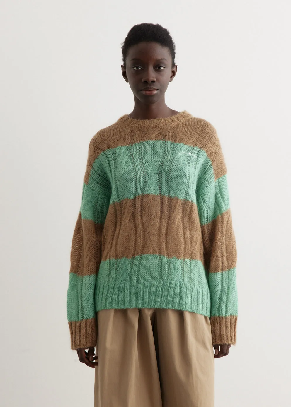Mohair Striped Cable O-Neck Sweater