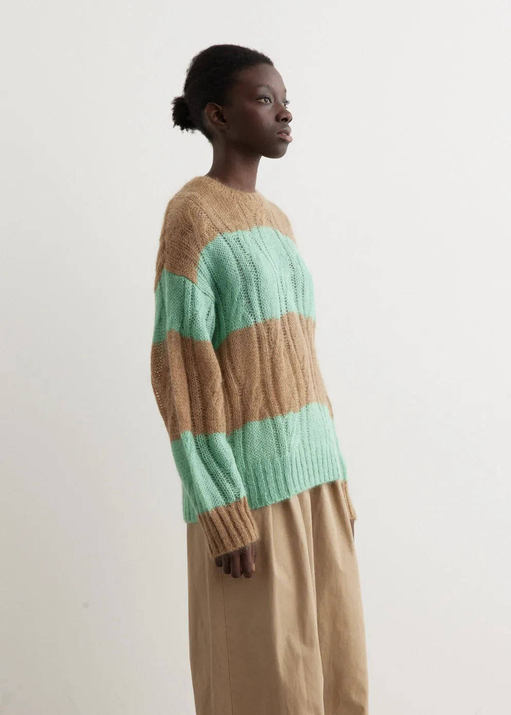 Mohair Striped Cable O-Neck Sweater